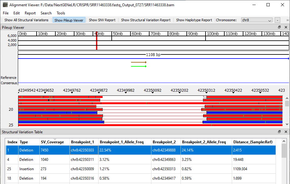 NextGENeLR Alignment Viewer showing the Structural Variation Table